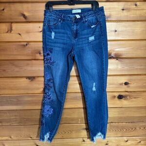 Lane Bryant Dark Blue Distressed Jeans with Floral Embroidery